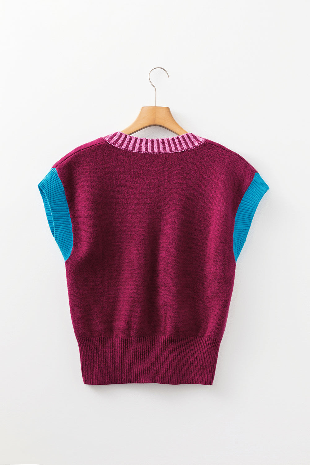 Burgundy Contrast Trim V Neck Short Sleeve Loose Sweater Dear-Lover Dropshipping