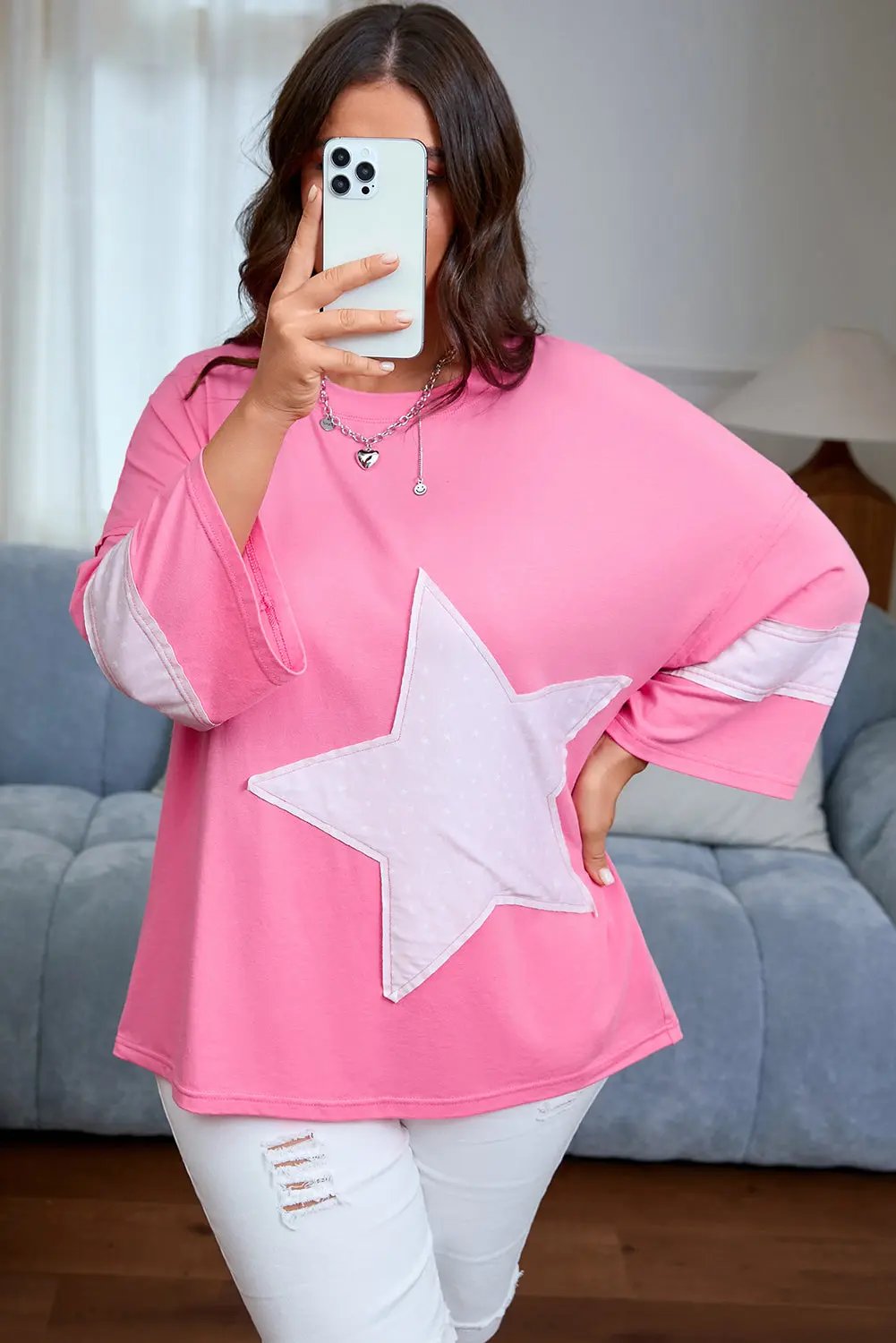 Plus Size Pink Star Patched Colorblock Raw Edge Loose Tee Dear-Lover Dropshipping
