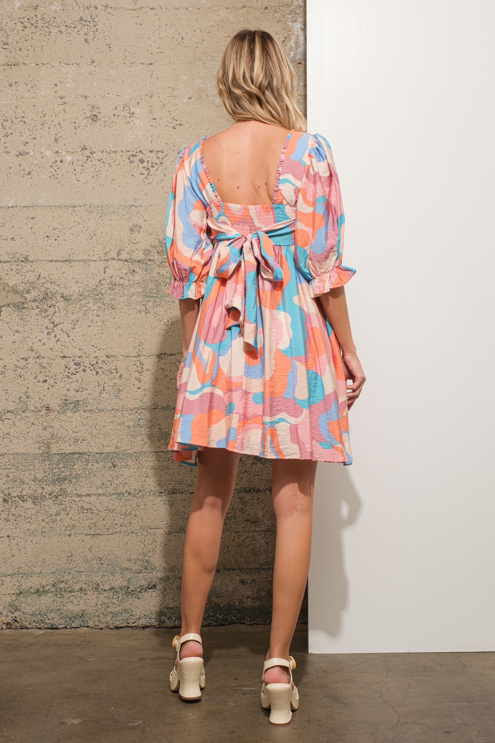 Blue Square Neck Swirl Multi Print Babydoll Mini Dress PinkBlush