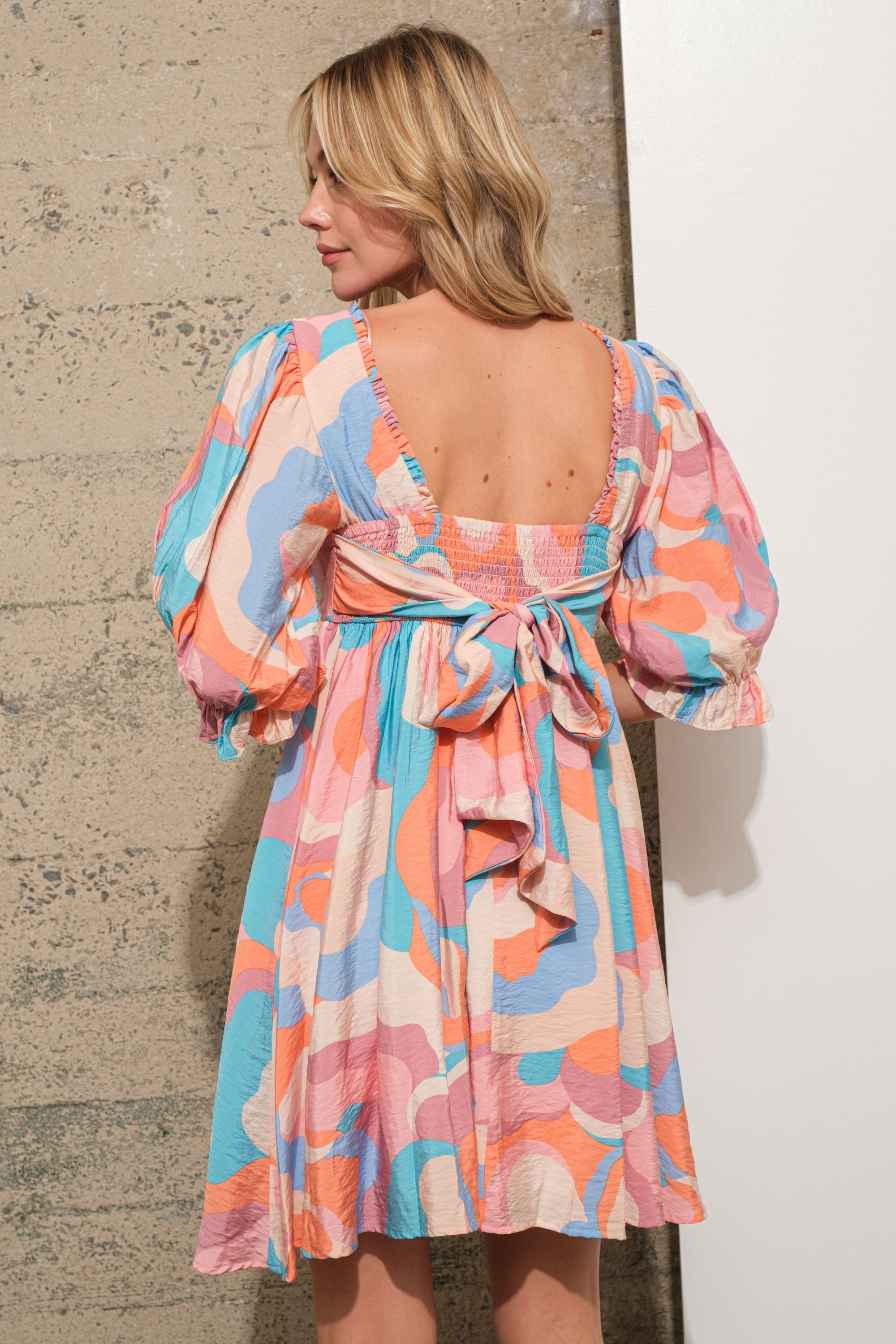 Blue Square Neck Swirl Multi Print Babydoll Mini Dress PinkBlush