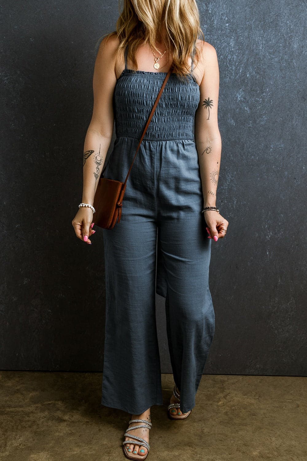 Tied Smocked Wide Leg Jumpsuit.