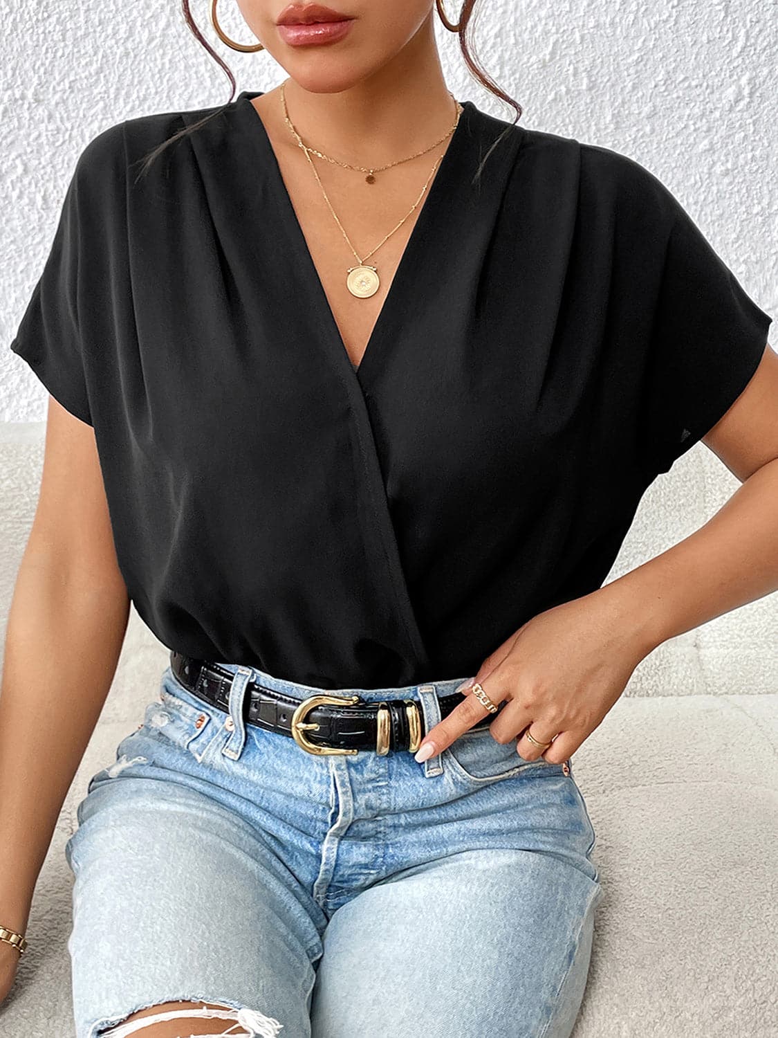 Surplice Short Sleeve Ruched Bodysuit.