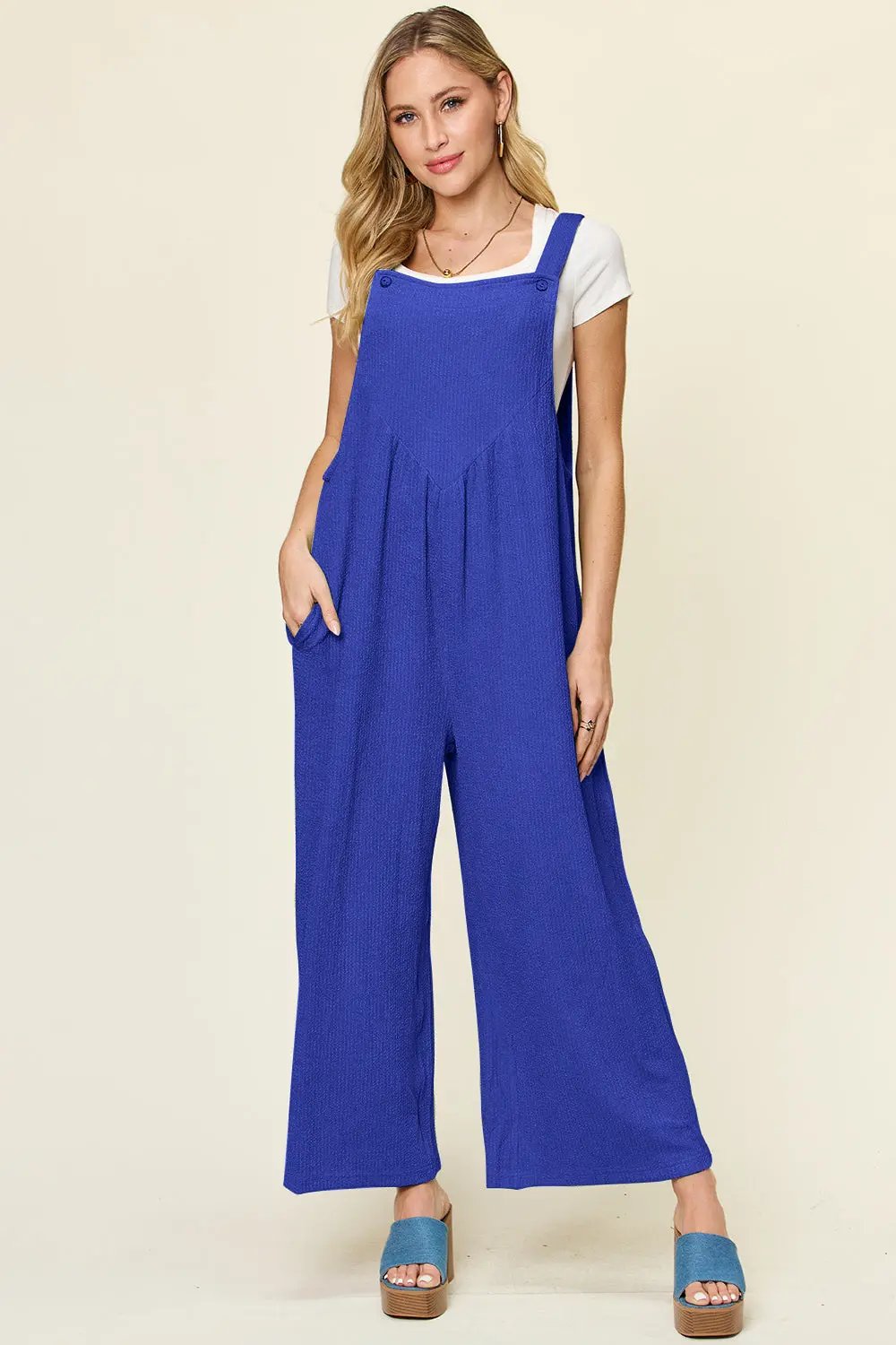 Double Take Full Size Texture Sleeveless Wide Leg Overall - Love Salve