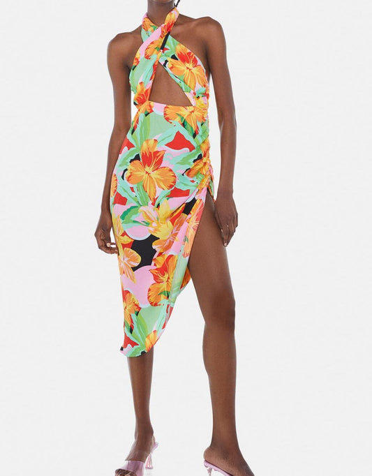 Hip Summer New Printed Irregular Asymmetric Halter Dress Bella Mia