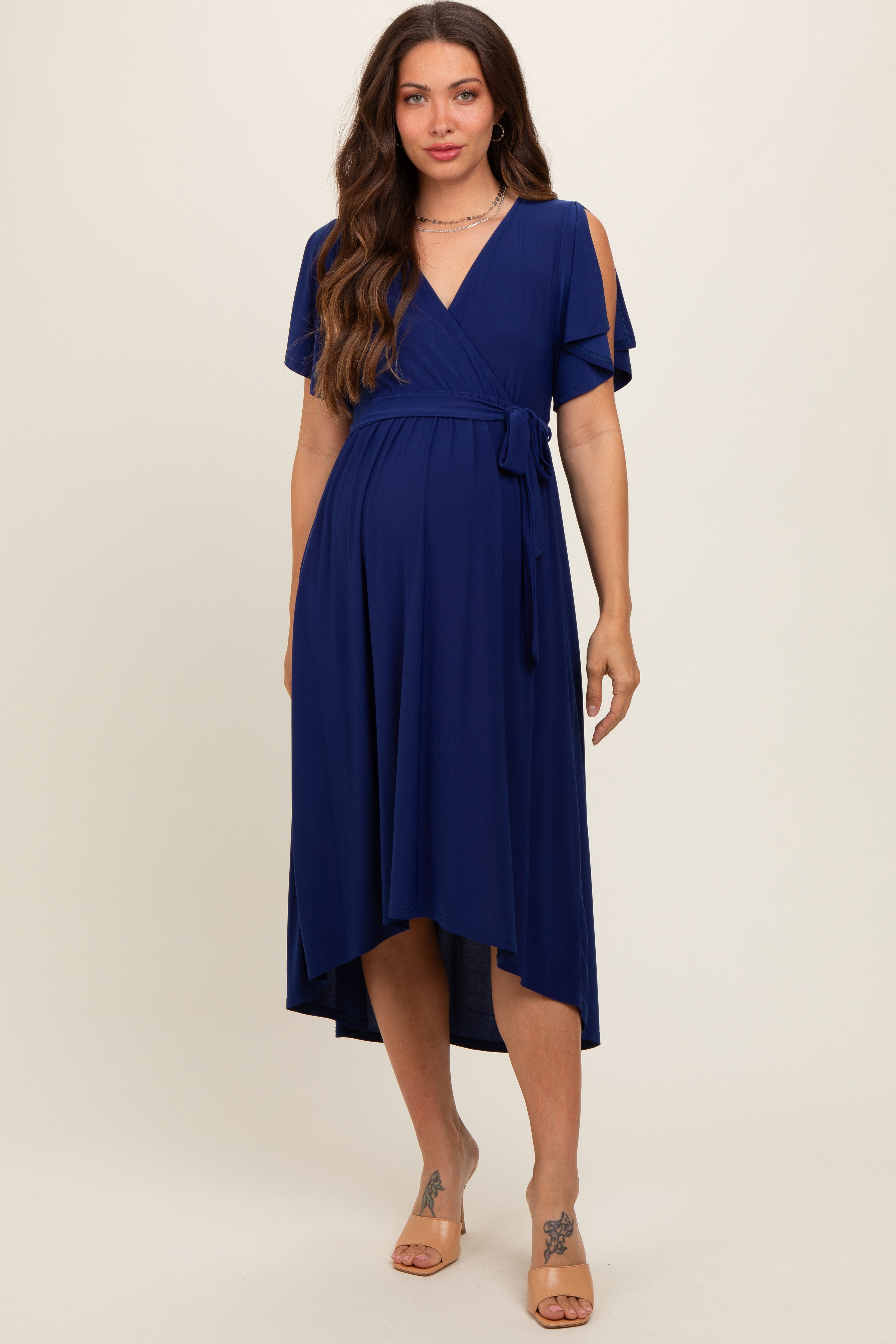 Navy Blue Flutter Sleeve Waist Tie Maternity Nursing Dress PinkBlush