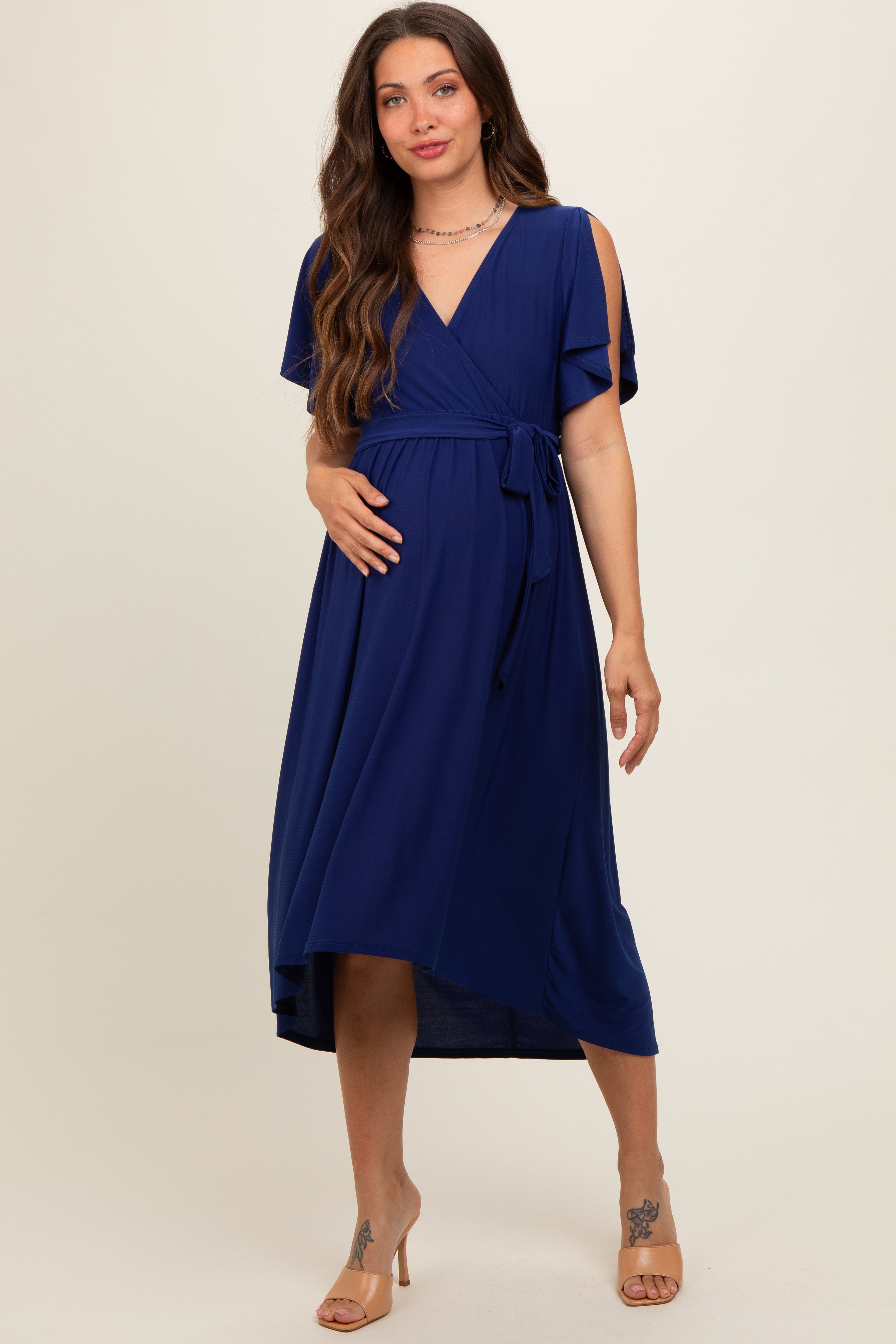 Navy Blue Flutter Sleeve Waist Tie Maternity Nursing Dress PinkBlush