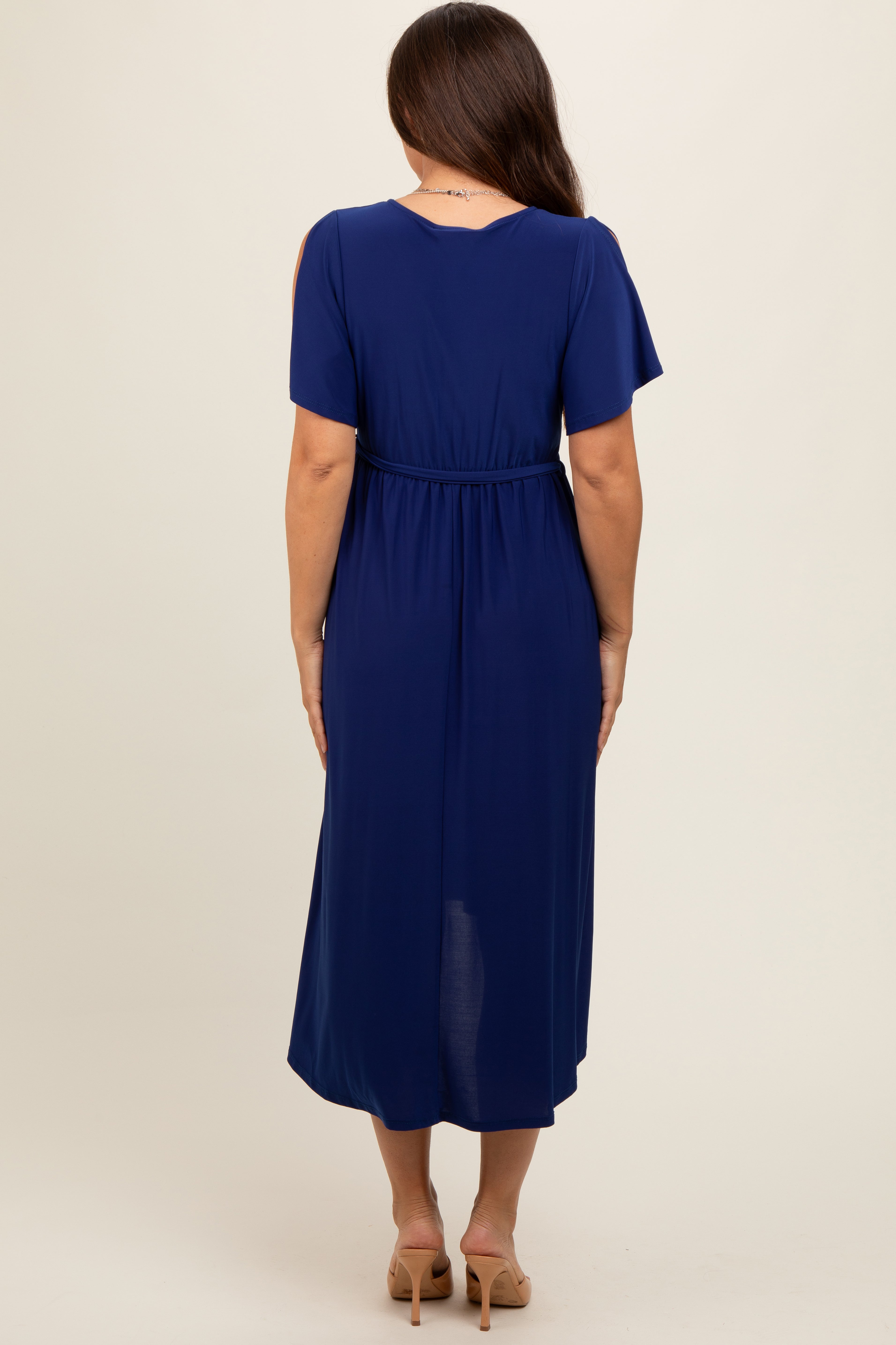 Navy Blue Flutter Sleeve Waist Tie Maternity Nursing Dress PinkBlush