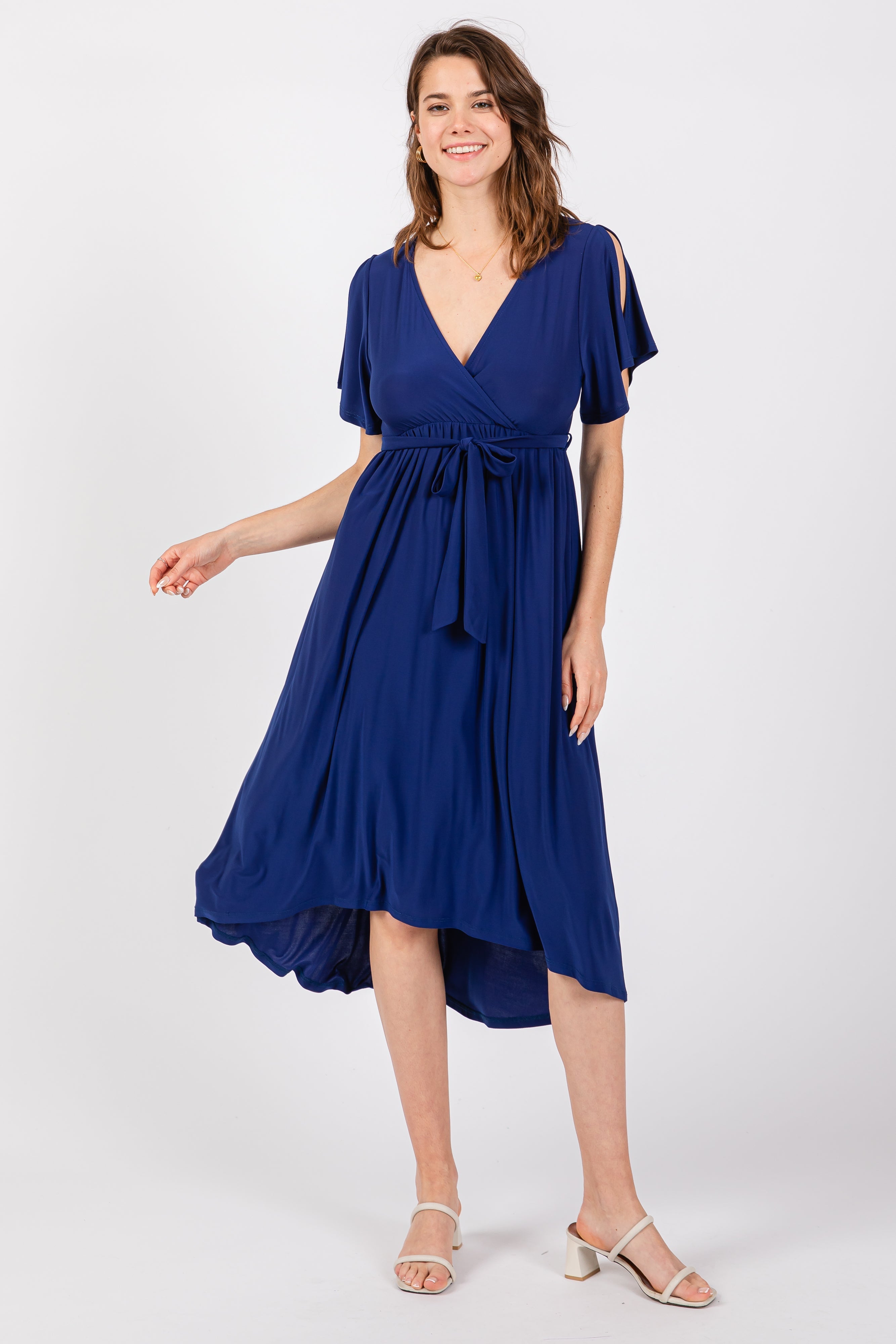 Navy Blue Flutter Sleeve Waist Tie Maternity Nursing Dress PinkBlush