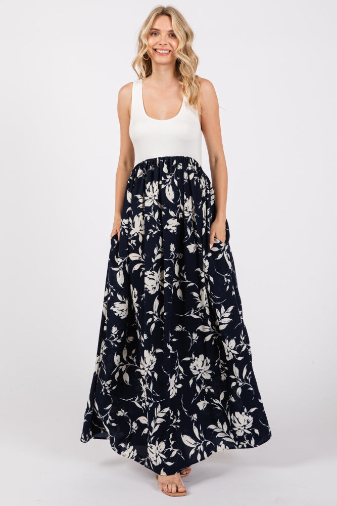 Navy Colorblock Floral Maxi Dress PinkBlush