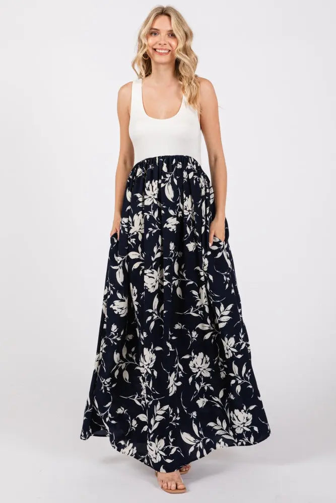 Navy Colorblock Floral Maternity Maxi Dress PinkBlush