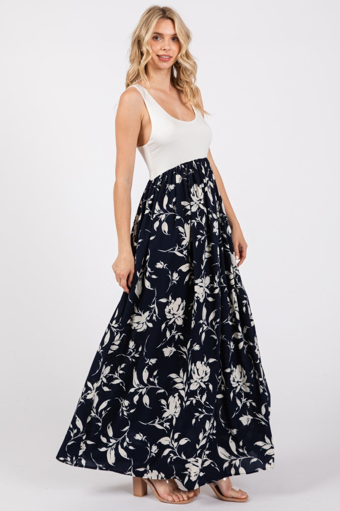 Navy Colorblock Floral Maxi Dress PinkBlush