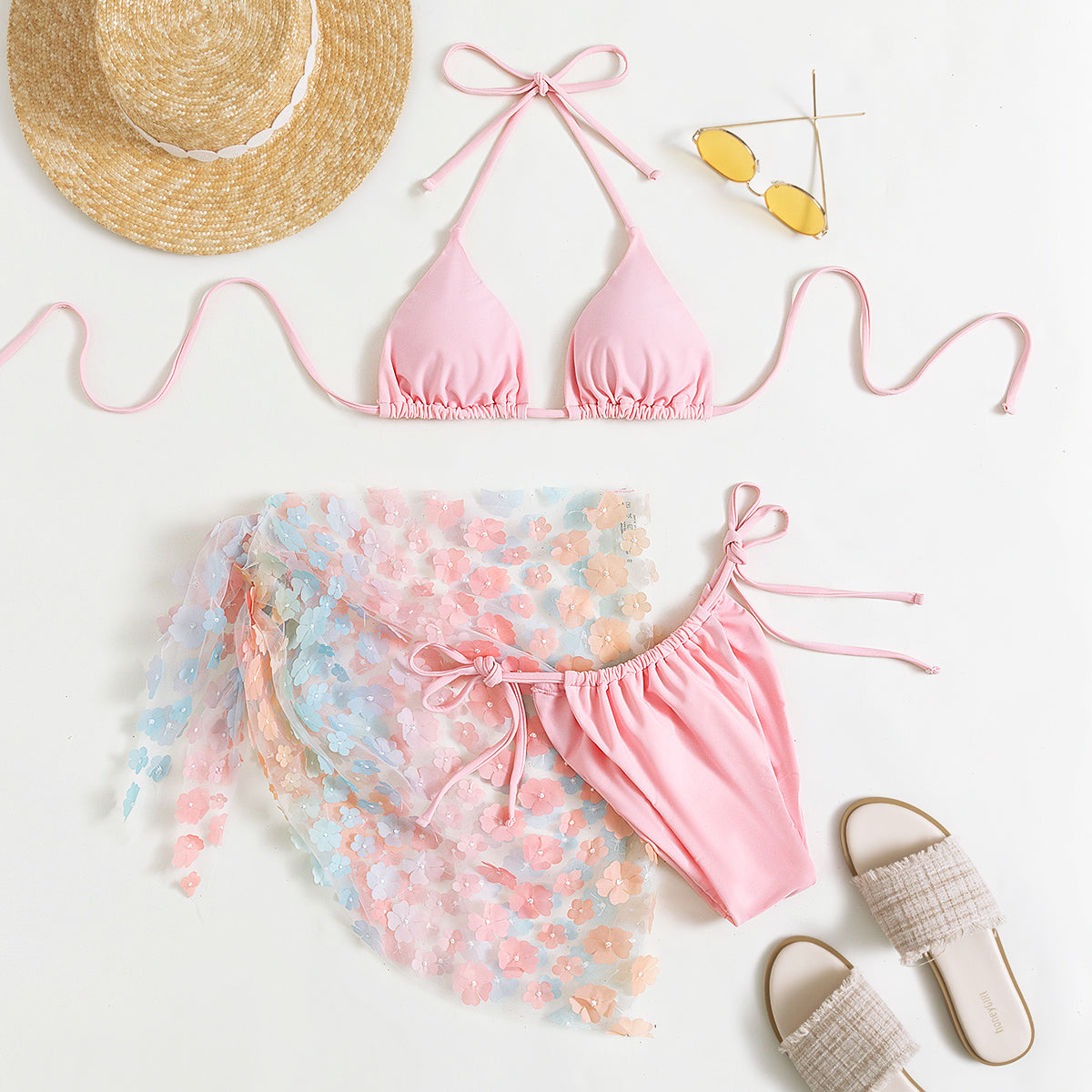 Bikini Swimsuit Women Three-Piece Suit Sexy Bikini Halter Lace-up Floral Gauze Skirt Swimsuit Bella Mia