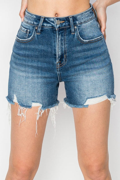 RISEN High Rise Raw Hem Distressed Denim Shorts.