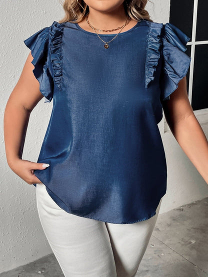 Plus Size Round Neck Flounce Sleeve Frill Trim Blouse.