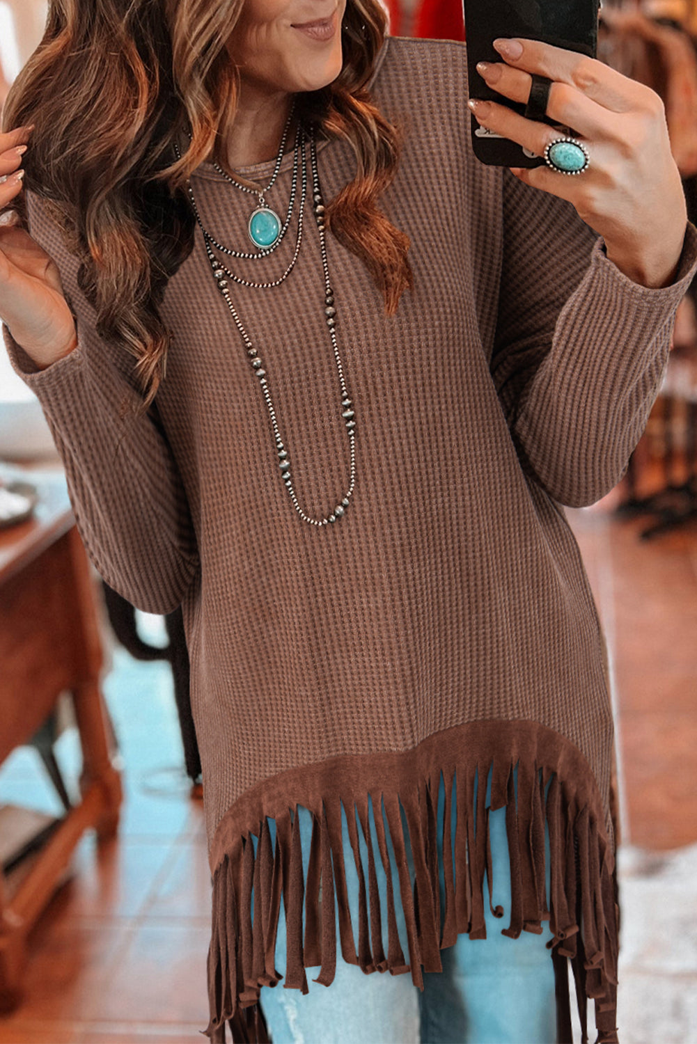 Chic coffee waffle knit top with fringed hem and high-low design