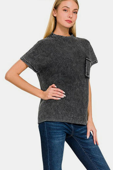 Zenana Pocketed Mock Neck Short Sleeve Sweater.