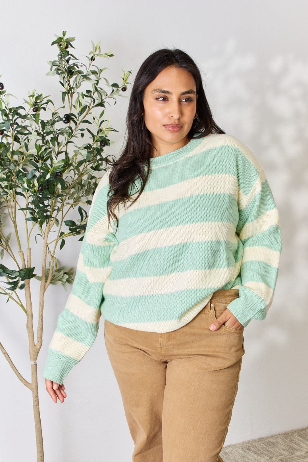 Sew In Love Full Size Contrast Striped Round Neck Sweater.