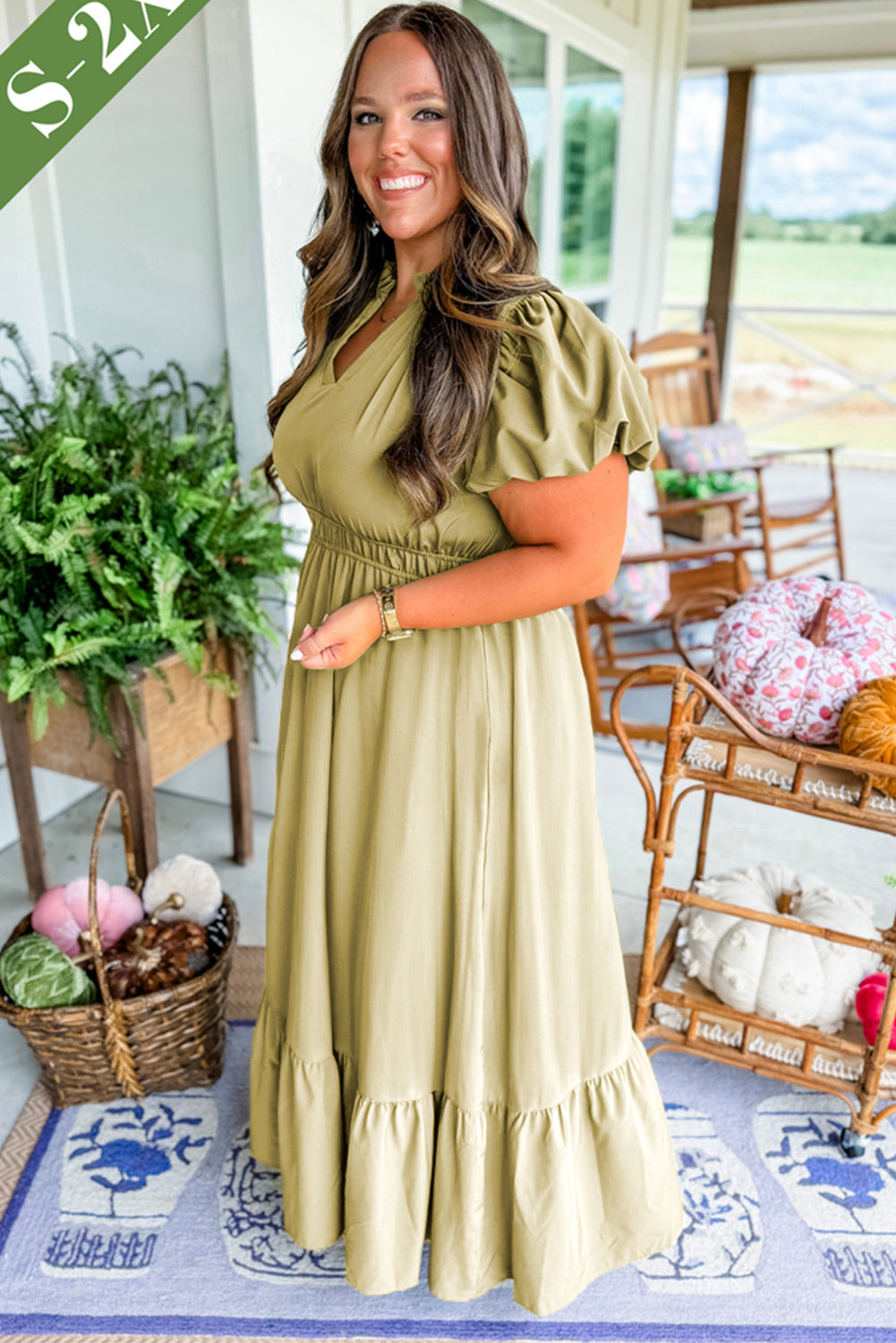 Laurel Green Puff Sleeve Plus Size Maxi Dress with Notched V Neck and Tiered Skirt