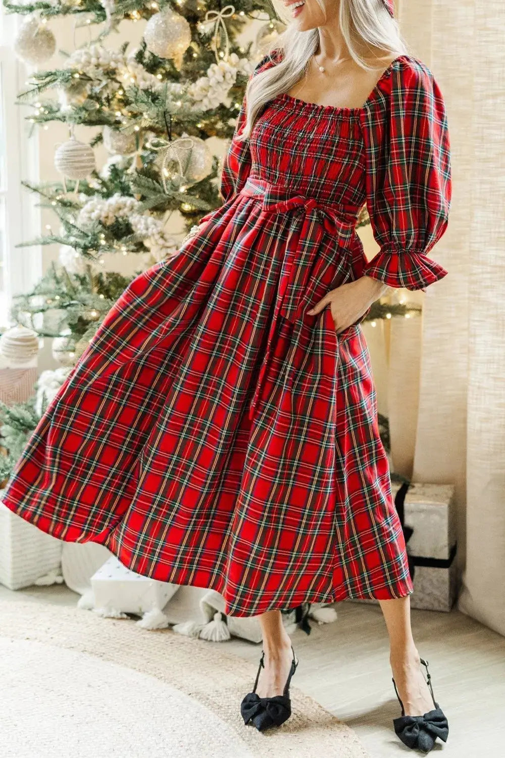 Red Plaid Smocked Midi Dress With Belted Waist And Ruffled Flounce Sleeves Simply Love