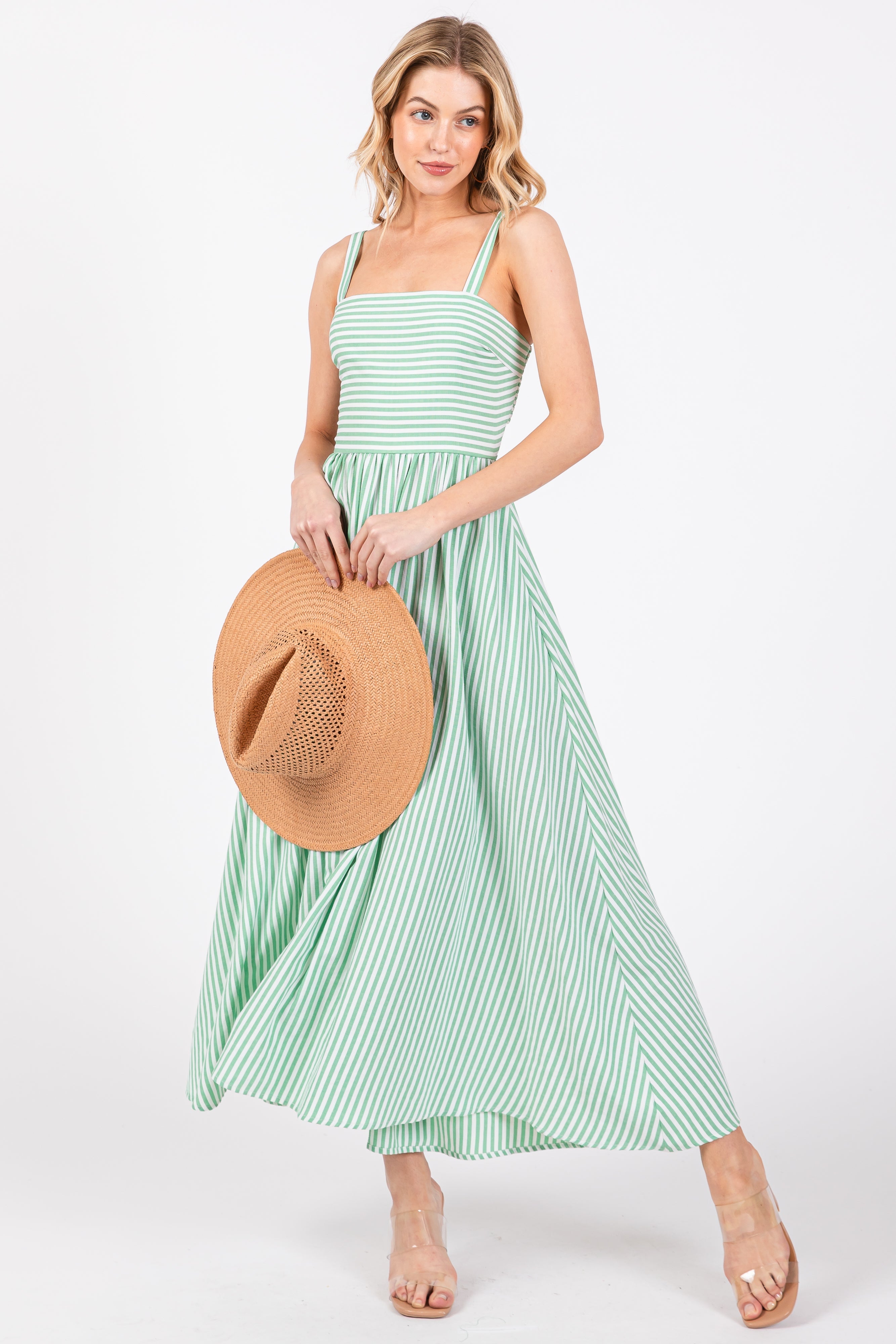 Green Striped Square Neck Open Back Sleeveless Maternity Midi Dress PinkBlush