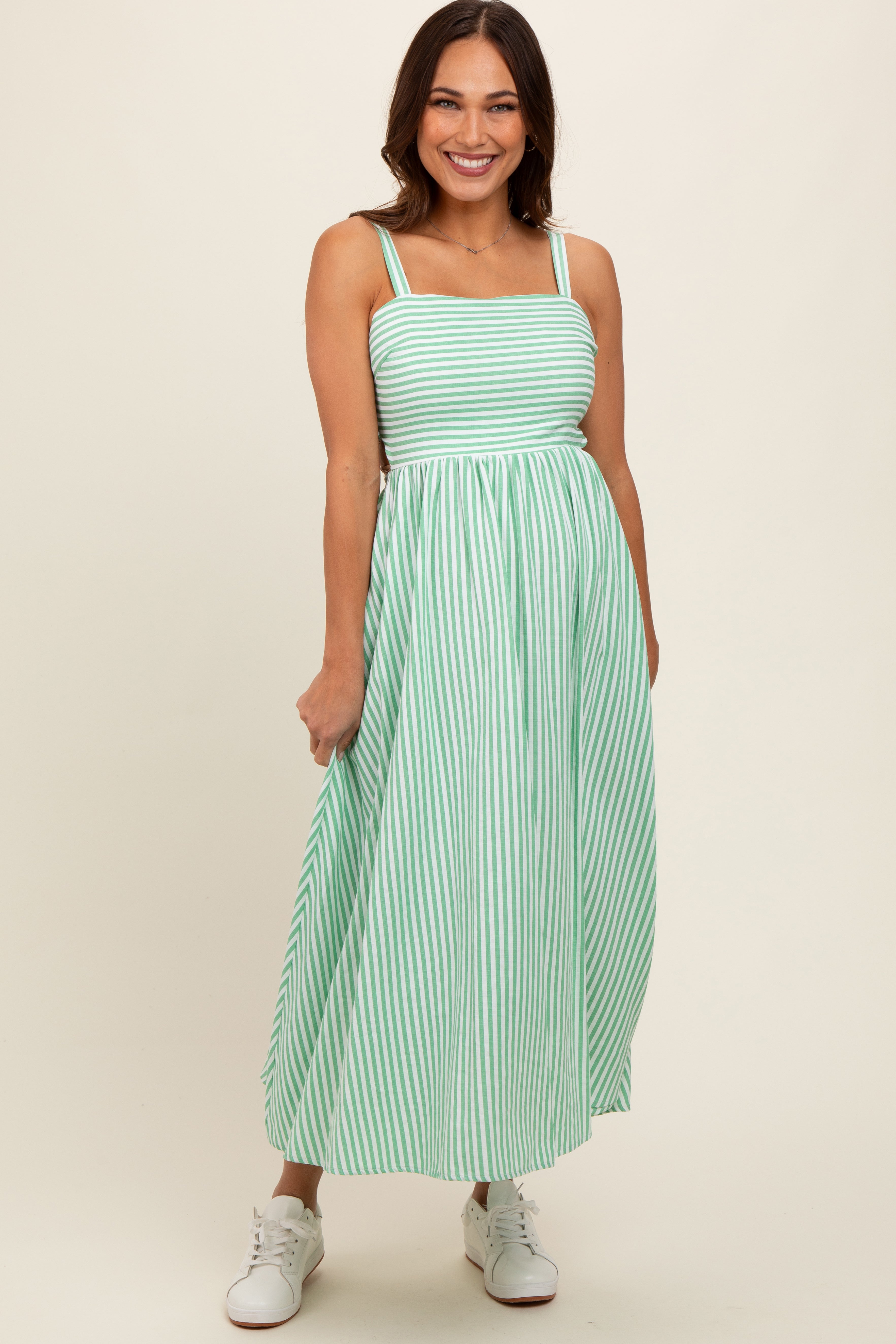 Green Striped Square Neck Open Back Sleeveless Maternity Midi Dress PinkBlush