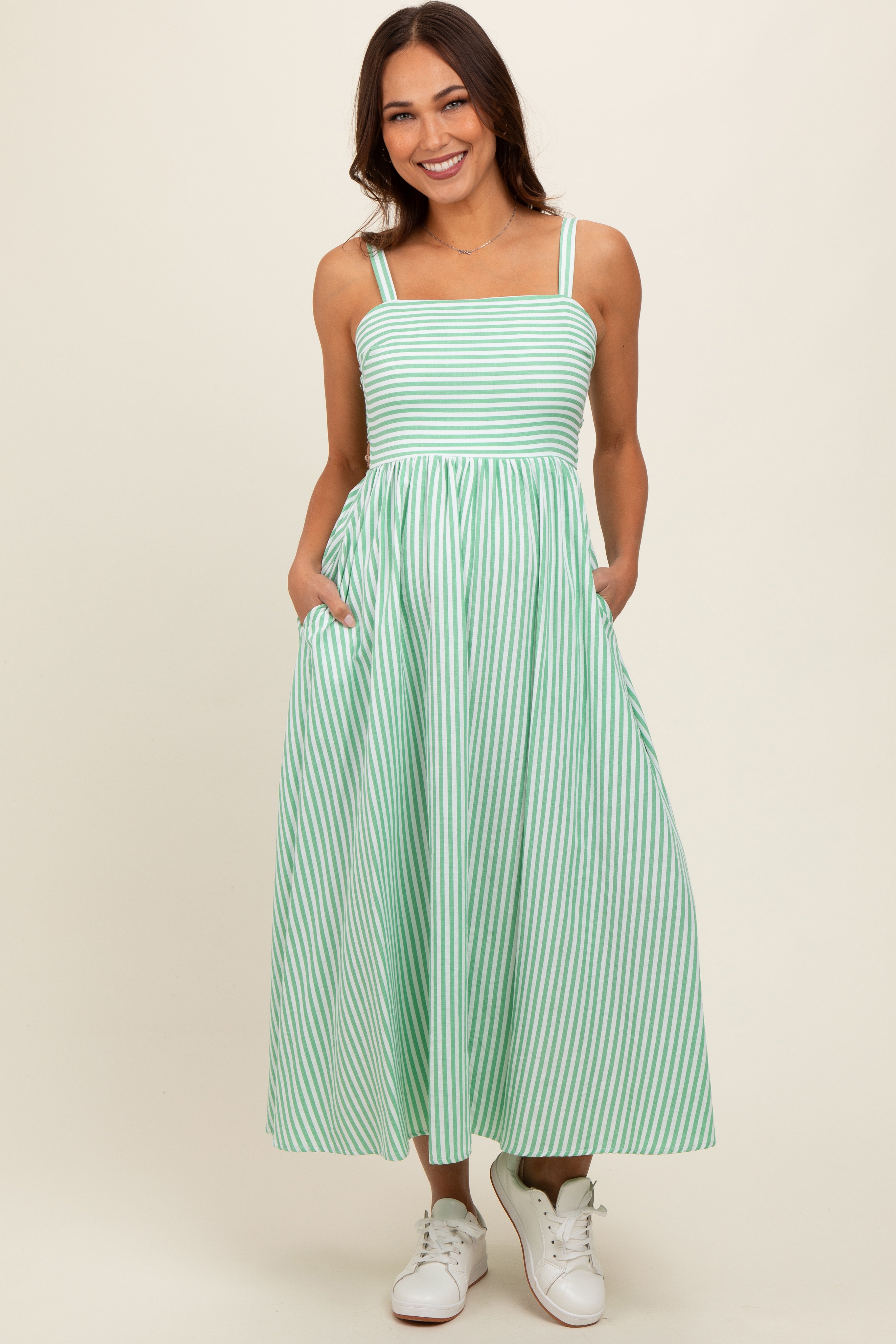 Green Striped Square Neck Open Back Sleeveless Maternity Midi Dress PinkBlush