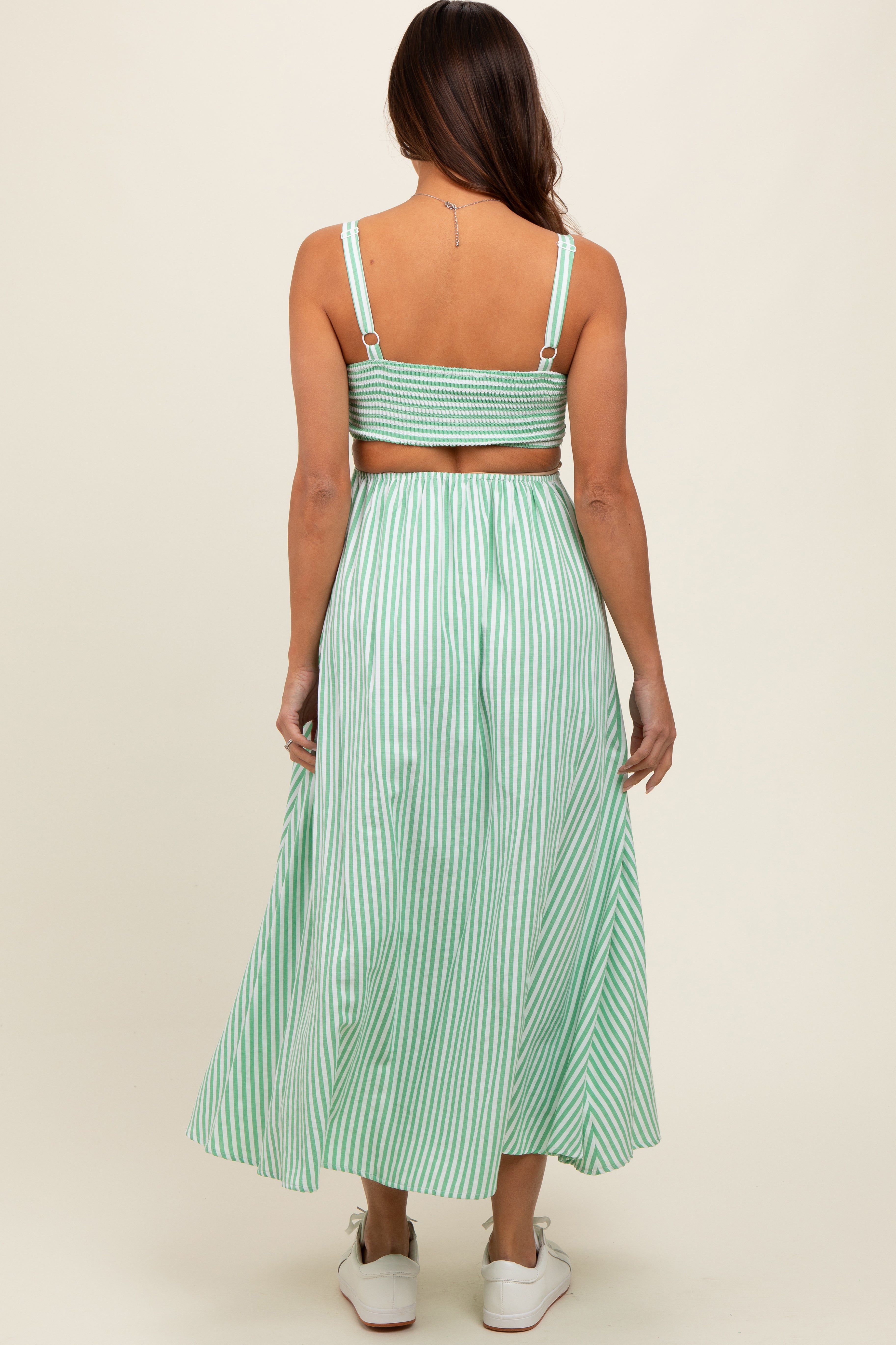 Green Striped Square Neck Open Back Sleeveless Maternity Midi Dress PinkBlush