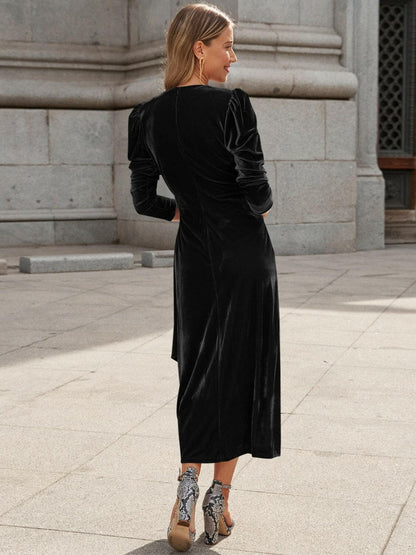 Surplice Puff Sleeve Midi Dress.