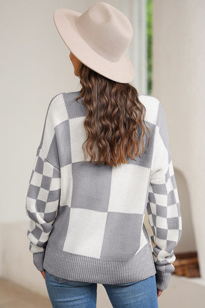 Plaid Round Neck Dropped Shoulder Sweater.