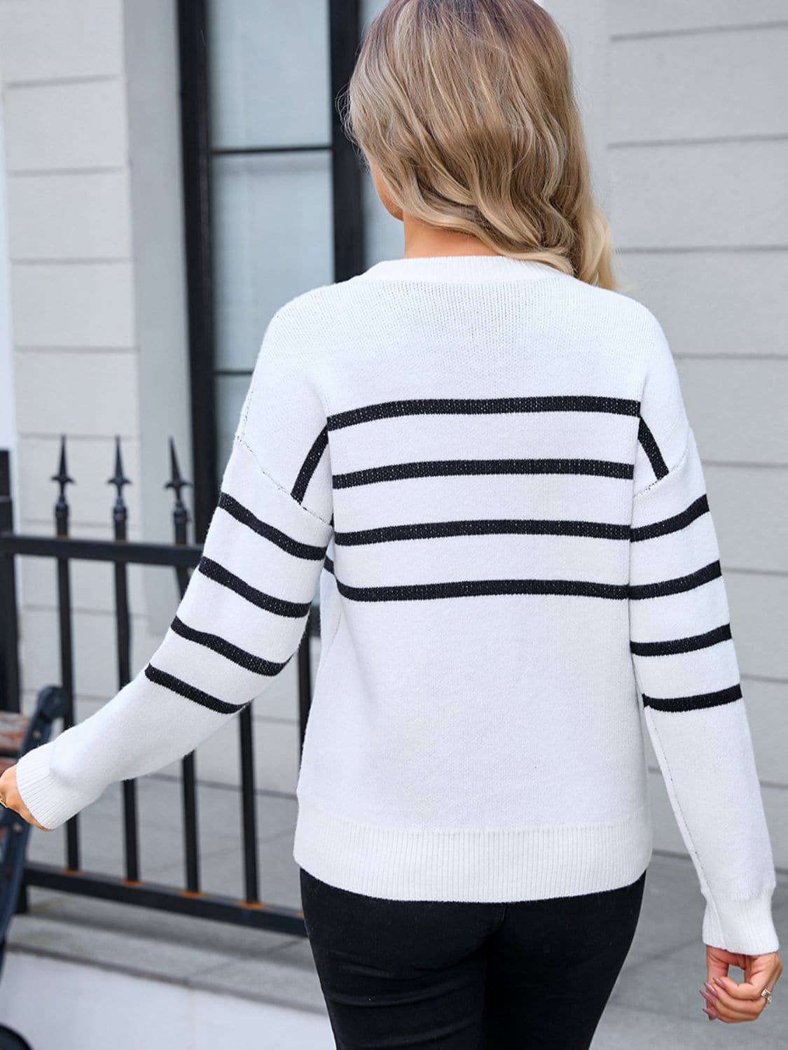 Striped Round Neck Long Sleeve Sweater.