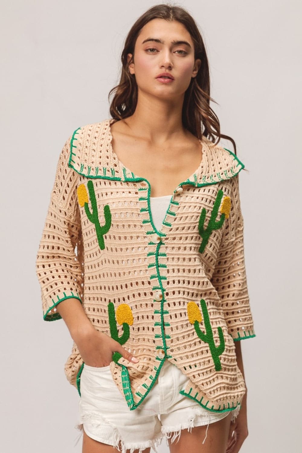 BiBi Edge Stitched Cactus Patch Sweater Cardigan.