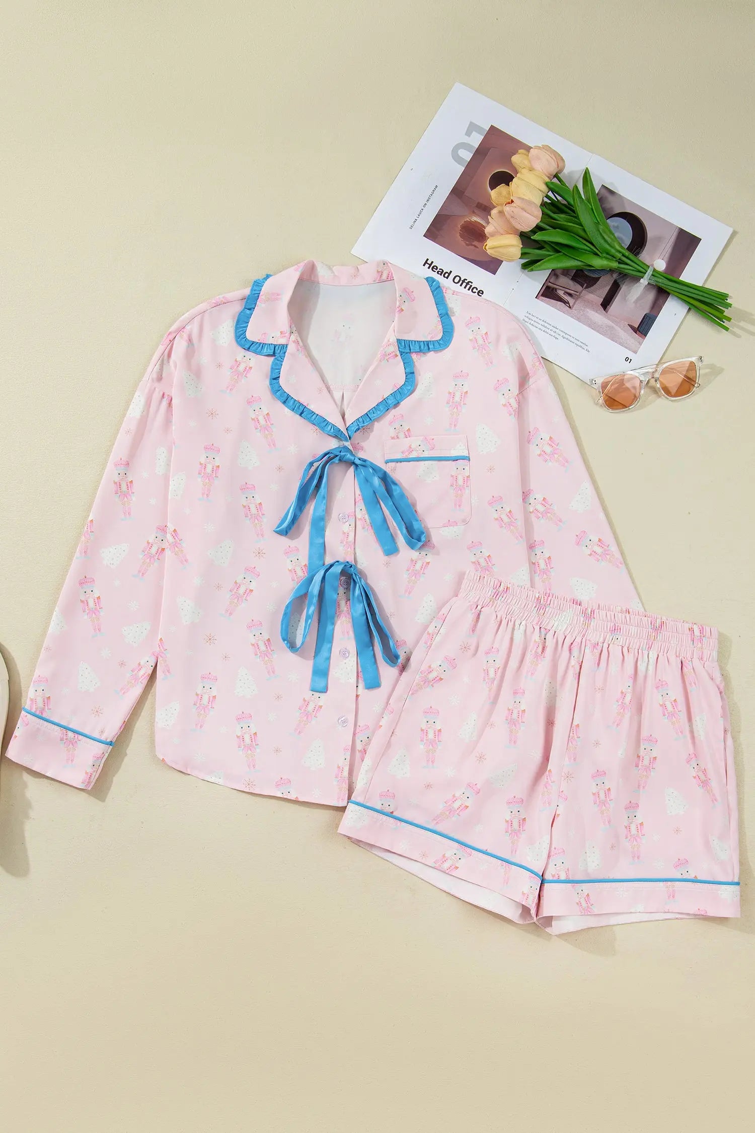 Pink Bow Tie Front Christmas Nutcracker Pajama Set With Long Sleeve Top Dear-Lover Dropshipping