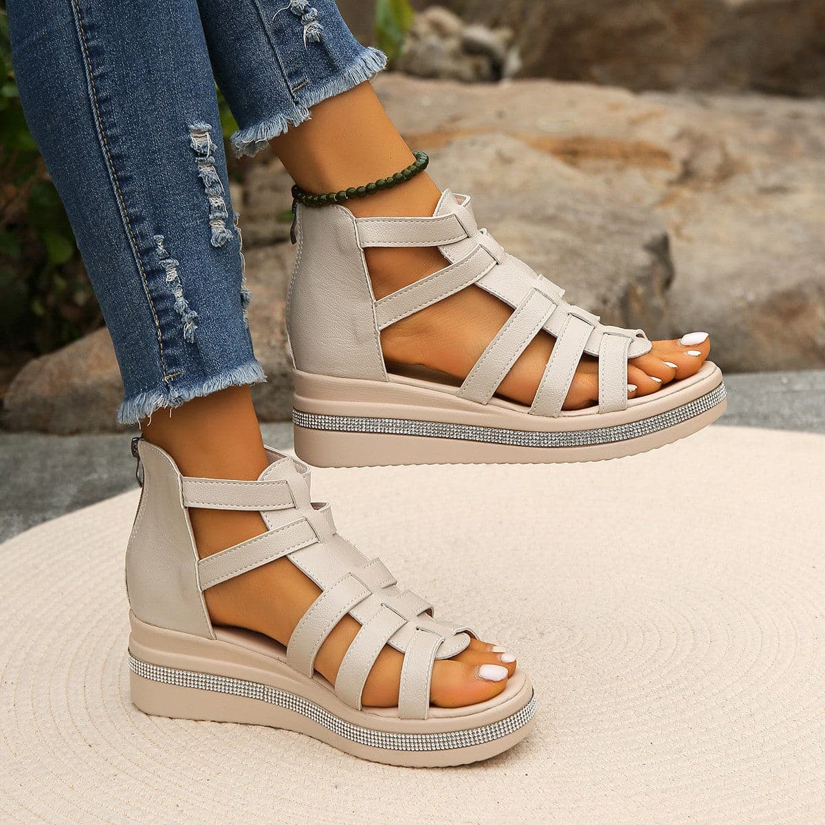 Cutout Rhinestone Trim Wedge Sandals.