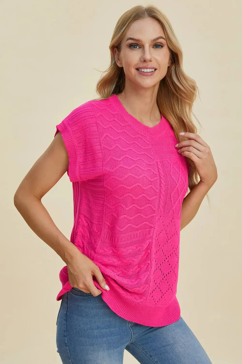 Double Take Full Size Cable-Knit Round Neck Cap Sleeve Sweater - Love Salve