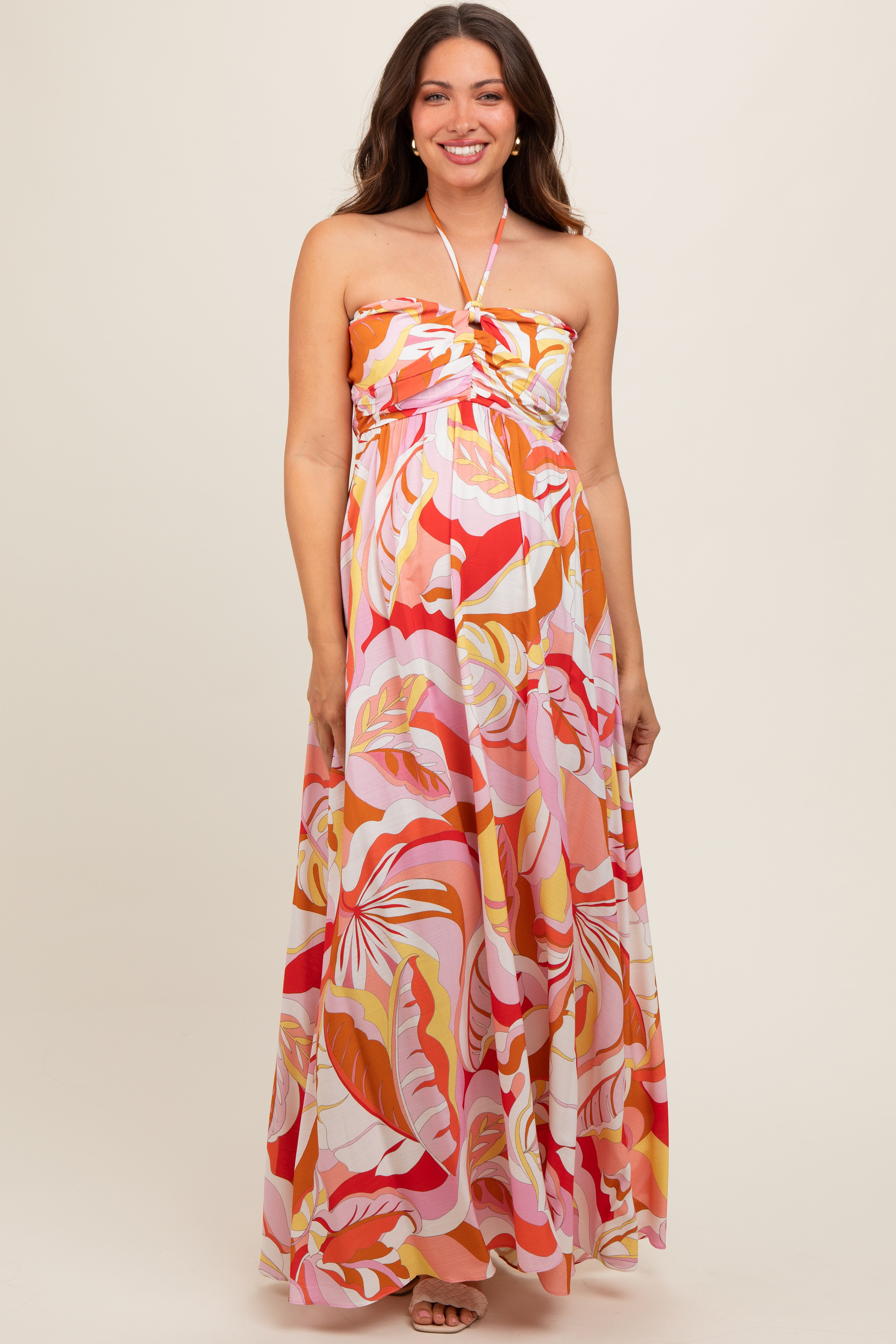 Pink Abstract Print Halter Maternity Maxi Dress PinkBlush