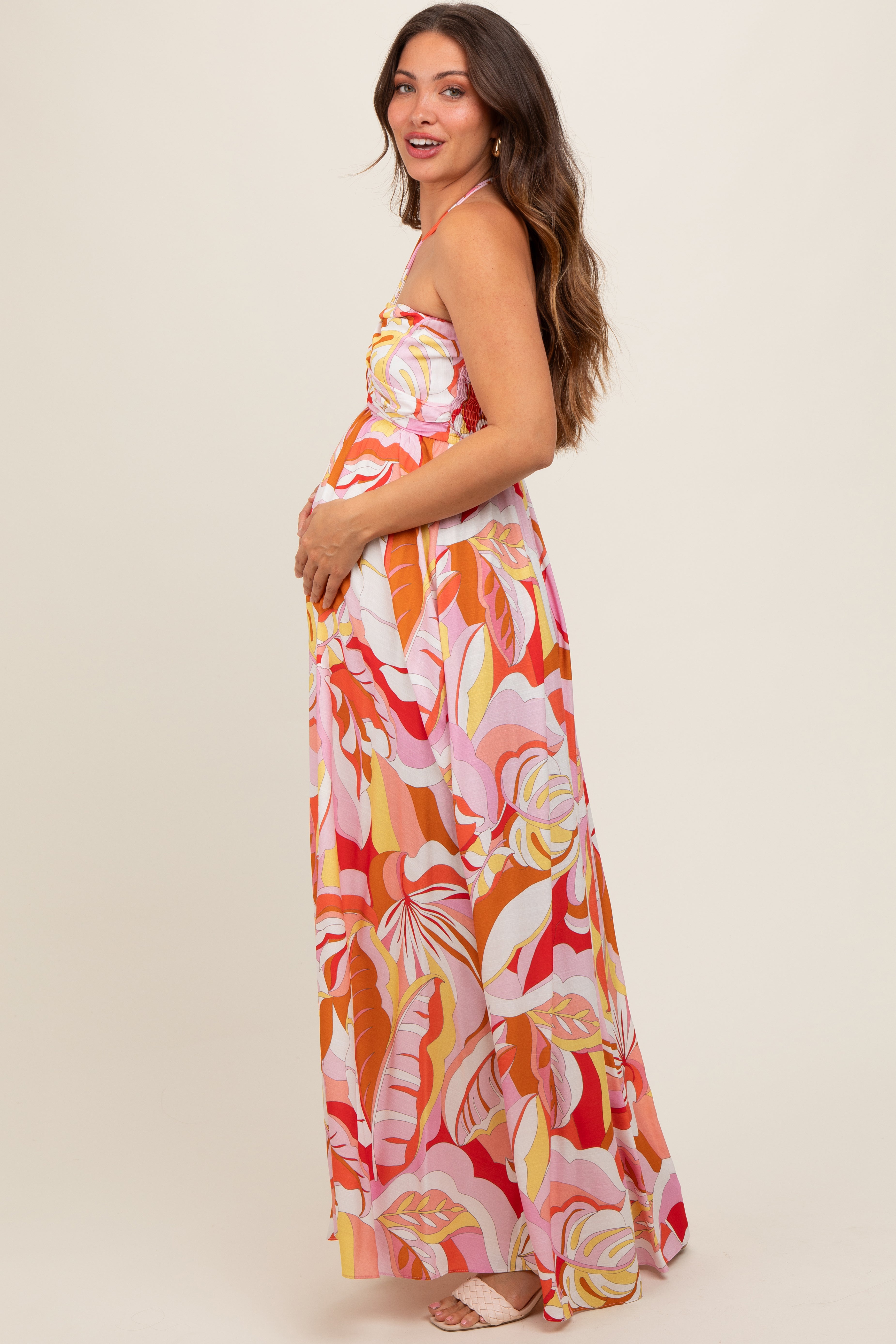Pink Abstract Print Halter Maternity Maxi Dress PinkBlush