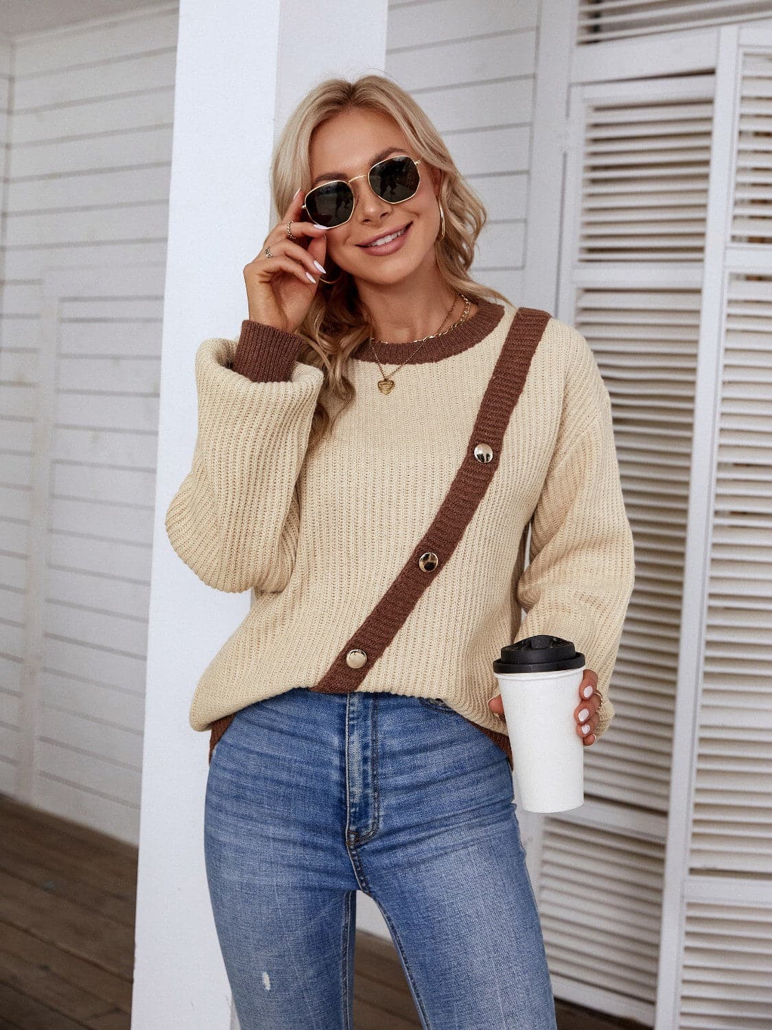 Decorative Button Round Neck Sweater.