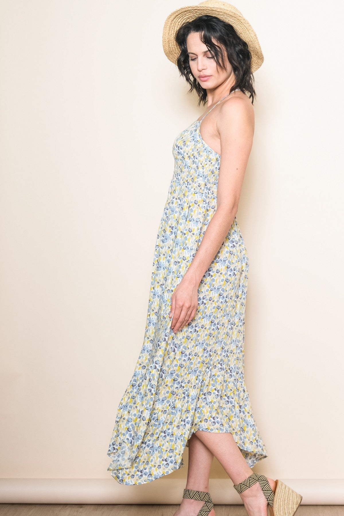 Teal Floral Smocked Halter Flowy Maxi Dress PinkBlush