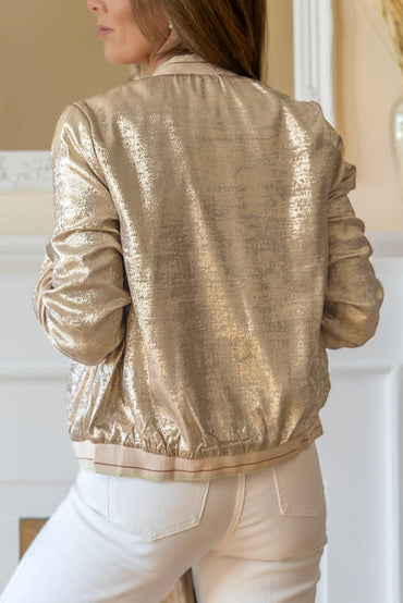 Shimmering pale khaki metallic baseball jacket with zip closure