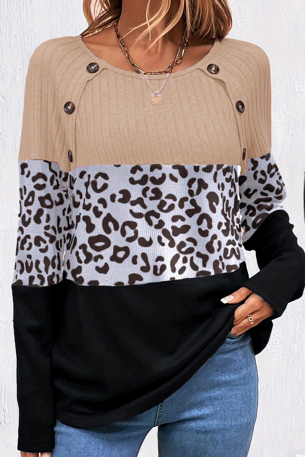 Fierce black leopard print textured patchwork button-up tee