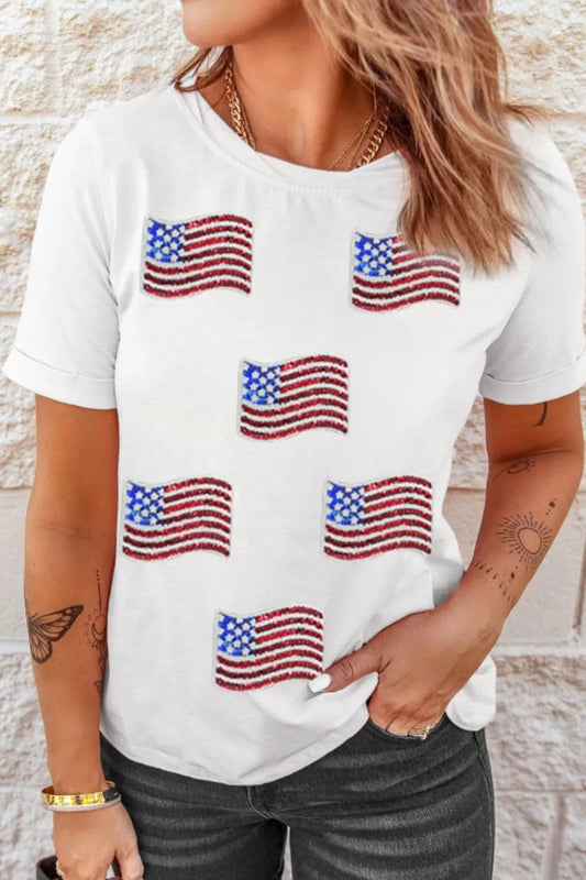 Sequin American Flag Patched Casual T Shirt Simply Love