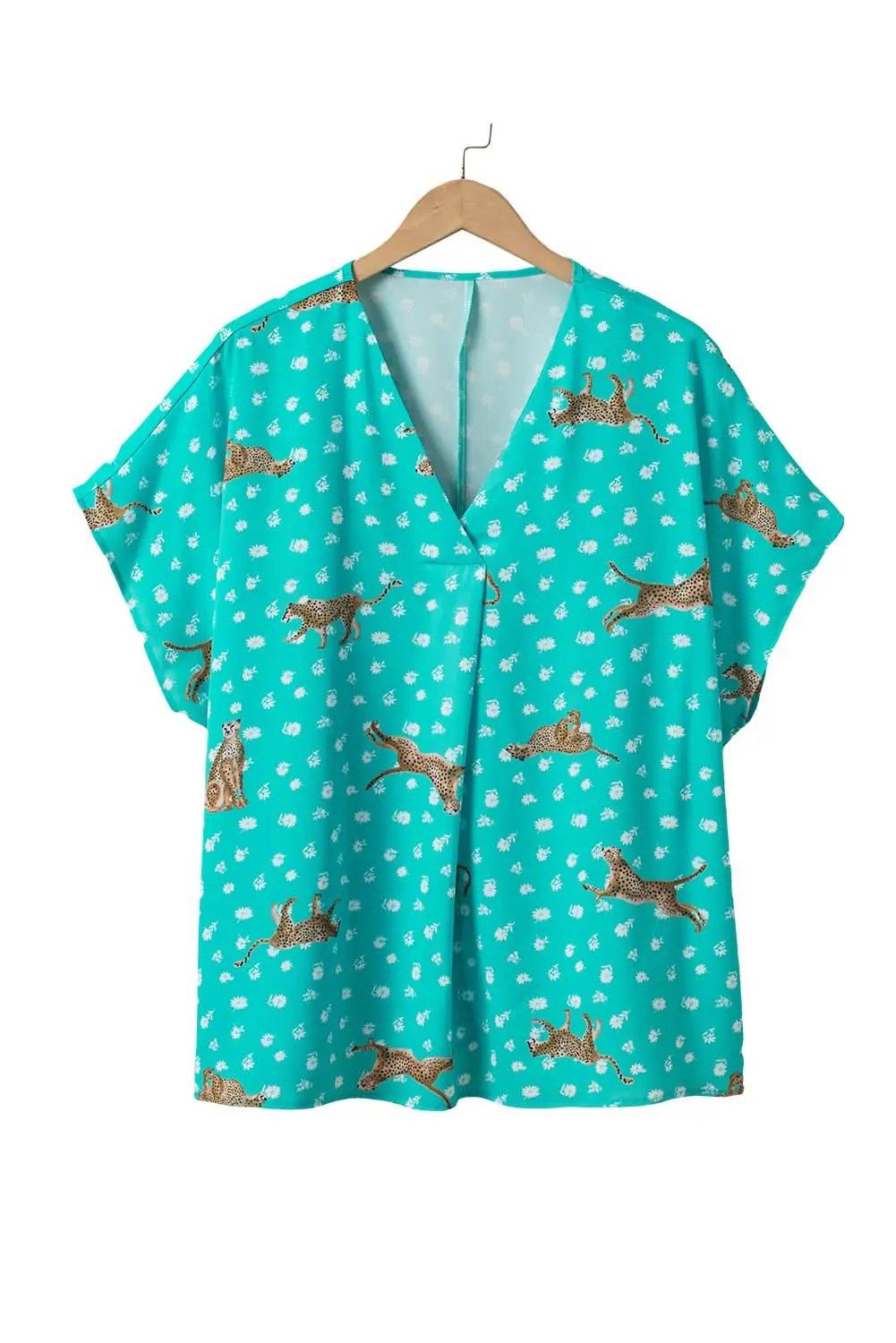 Green Cheetah Print V Neck Short Sleeve Plus Top - Love Salve 