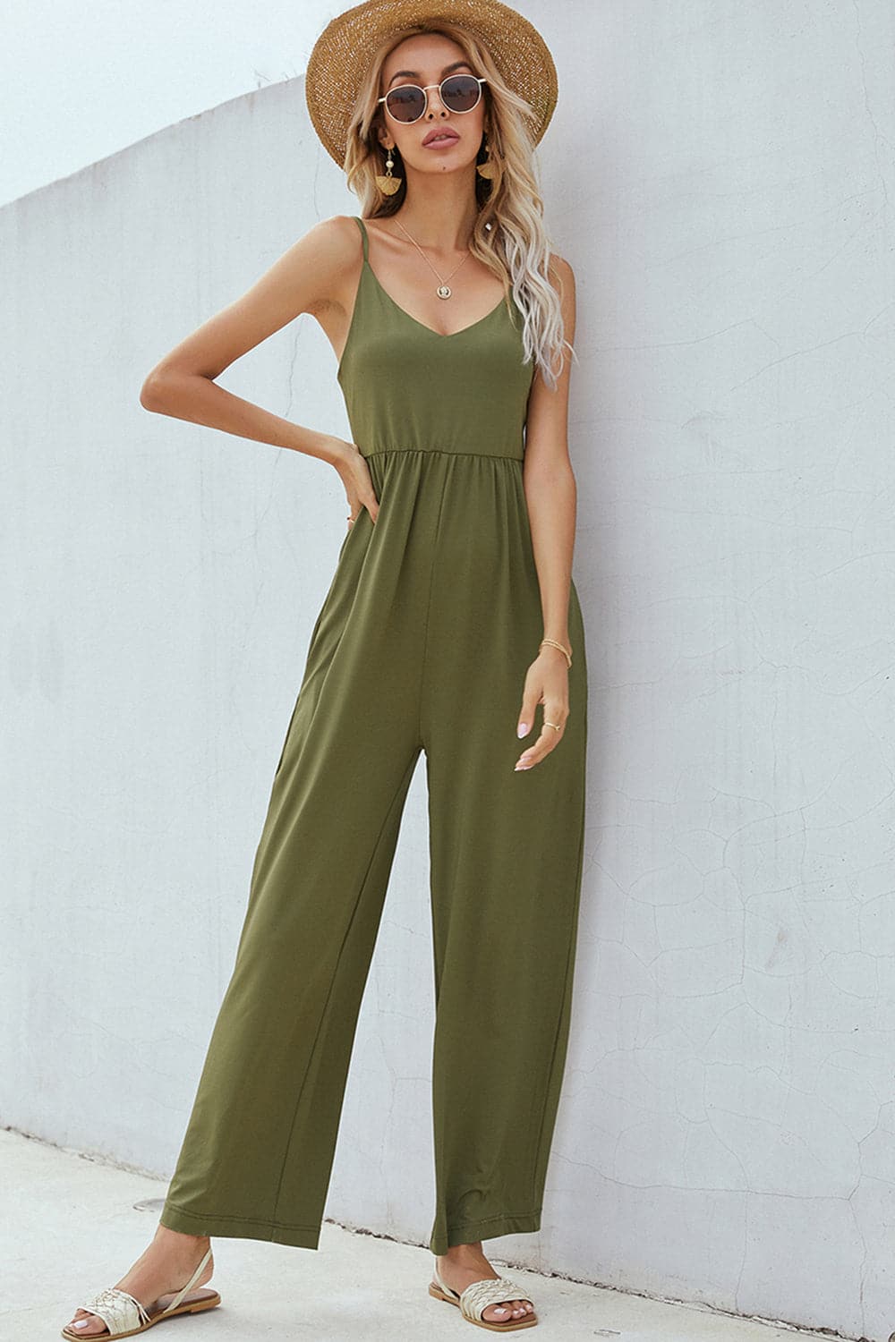 V-Neck Spaghetti Strap Wide Leg Jumpsuit.