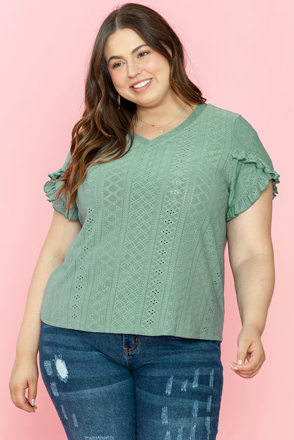 Laurel Green floral sleeve jacquard V-neck blouse for curvy figures