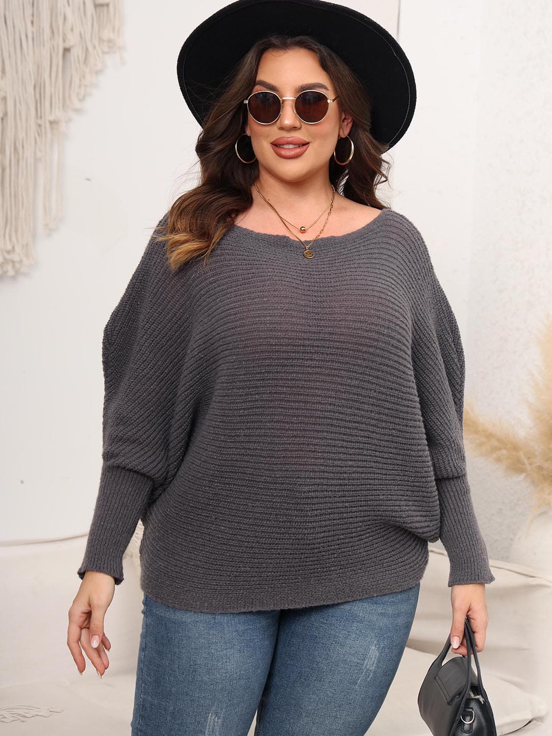 Full Size Boat Neck Batwing Sleeve Sweater.