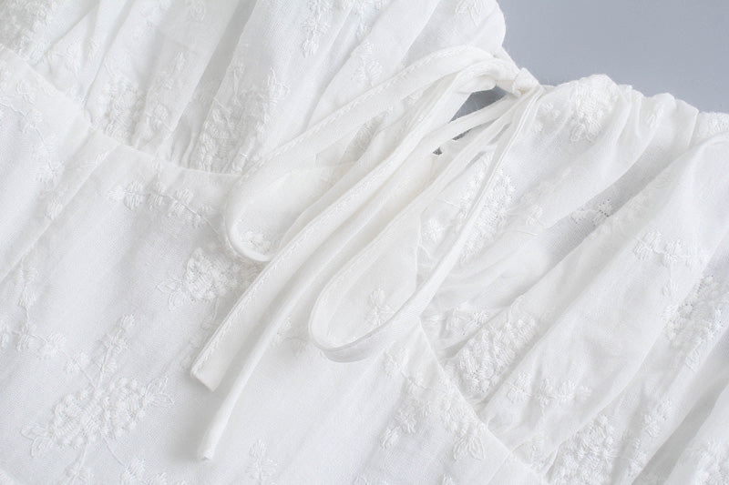 Vintage Court Sexy Tube Top Lace up Slim Fit Slimming White Puff Short Sleeve Eyelet Embroidery Dress for Women Bella Mia