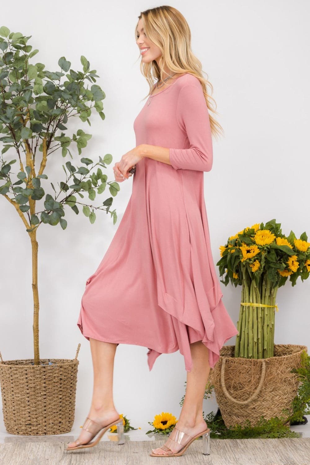 Celeste Full Size Pick-up Hem Asymmetric Midi Dress.