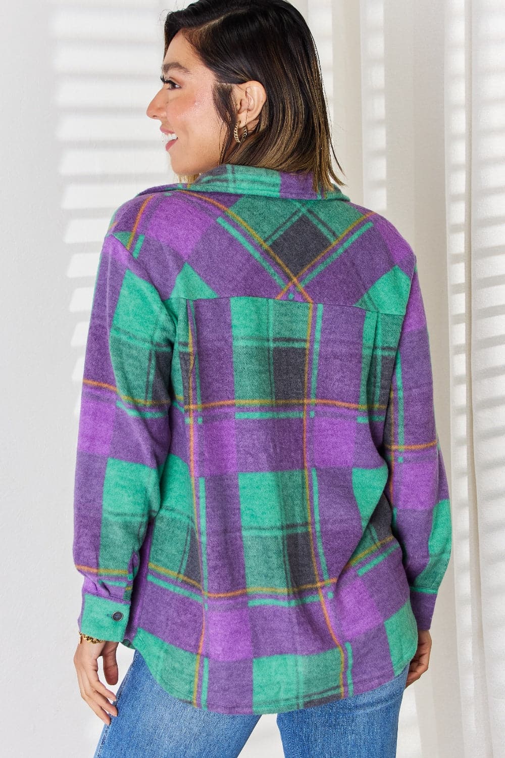 Zenana Plaid Button Up Long Sleeve Shacket.