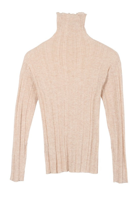 Chic wool blend mock neck sheer knit sweater