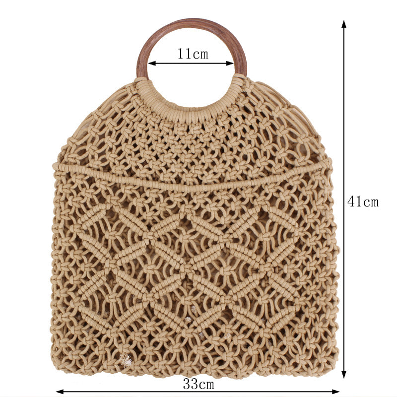 Solid Color Woven Tote Trendy Women Mori Straw Bag Degrees Handmade Cotton String Net Pocket Beach Bag Bella Mia